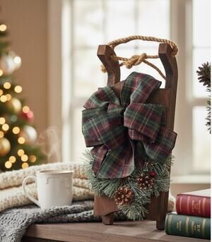 Wood Christmas Sleigh With Green Plaid Bow Holiday Door Wall Decor 16 x 7 x 6